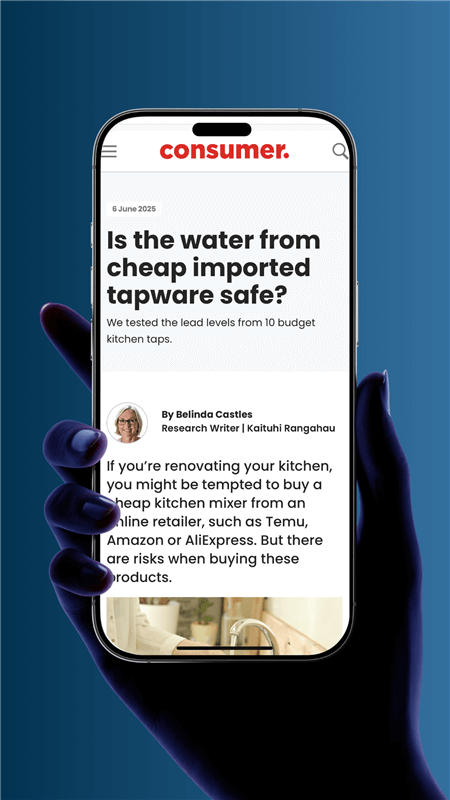 A hand holding a cellphone on the page of a news article with the headline 'Is the water from cheap important tapware safe?'